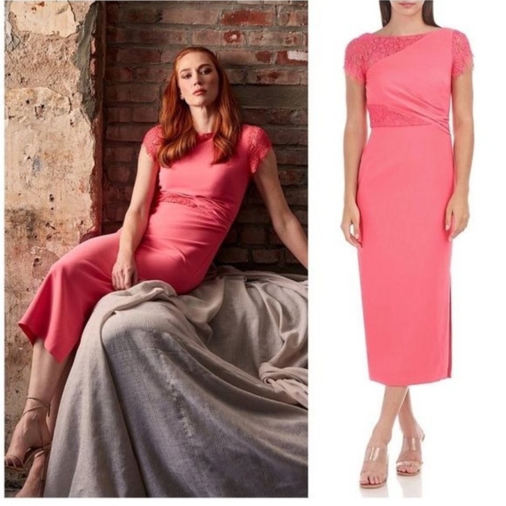 JS Collections Lace Insert Sheath Midi‎ Dress Camellia Coral 4
